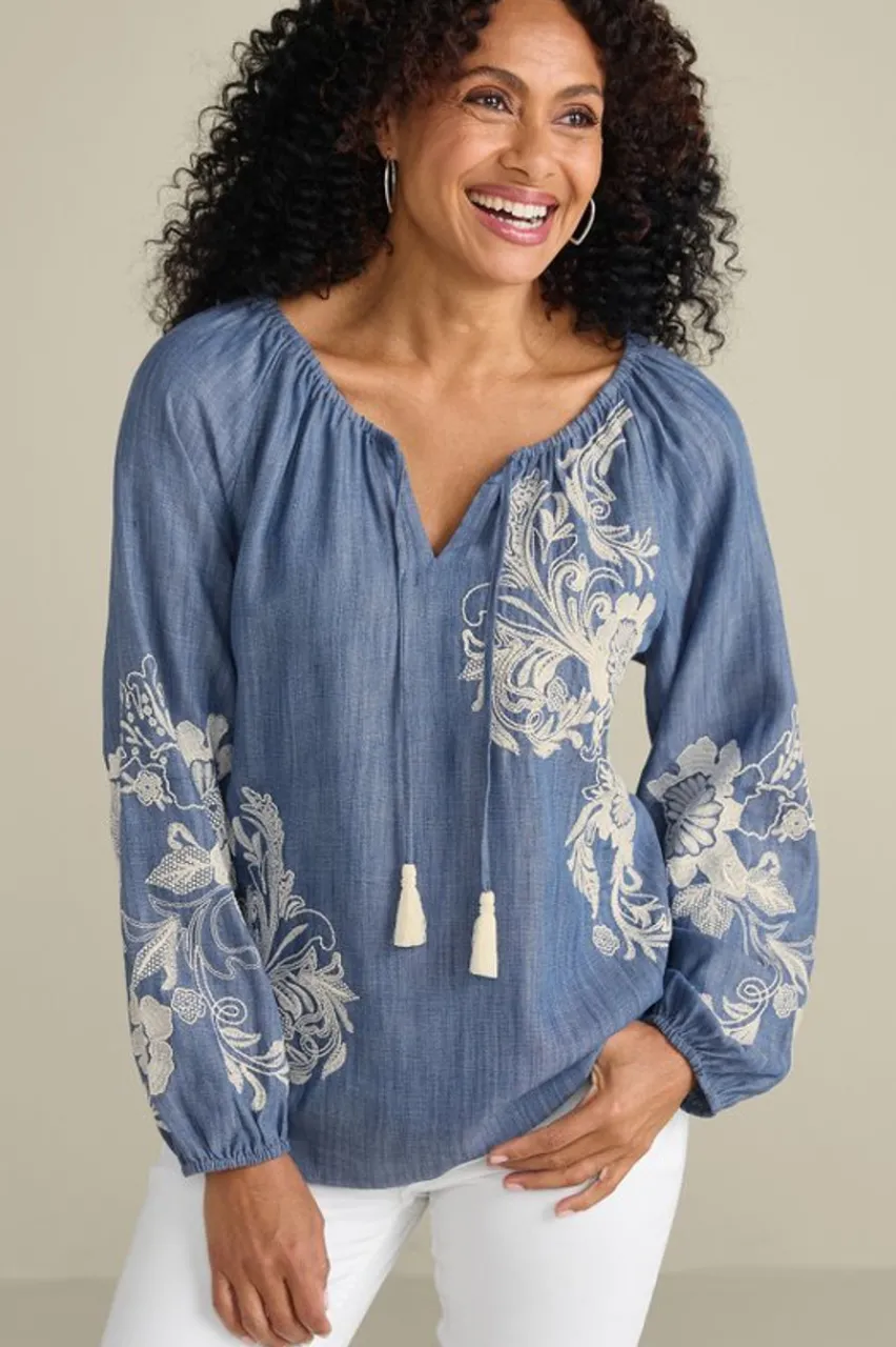 Fashion Diya Embroidered Tencel™ Peasant Top Tops