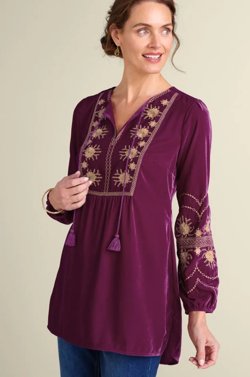 Outlet Evelyne Embroidered Velvet Tunic Tops