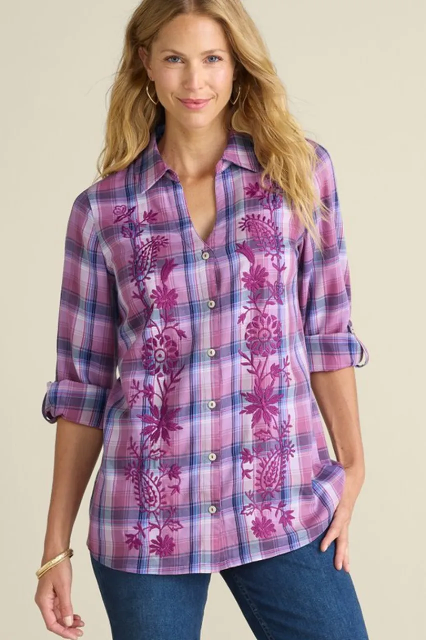 Best Gracie Embroidered Plaid Big Shirt Tops