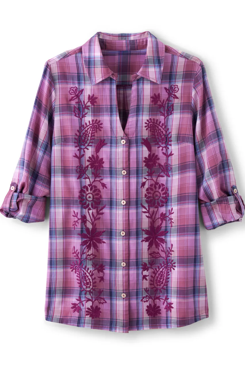 Best Gracie Embroidered Plaid Big Shirt Tops