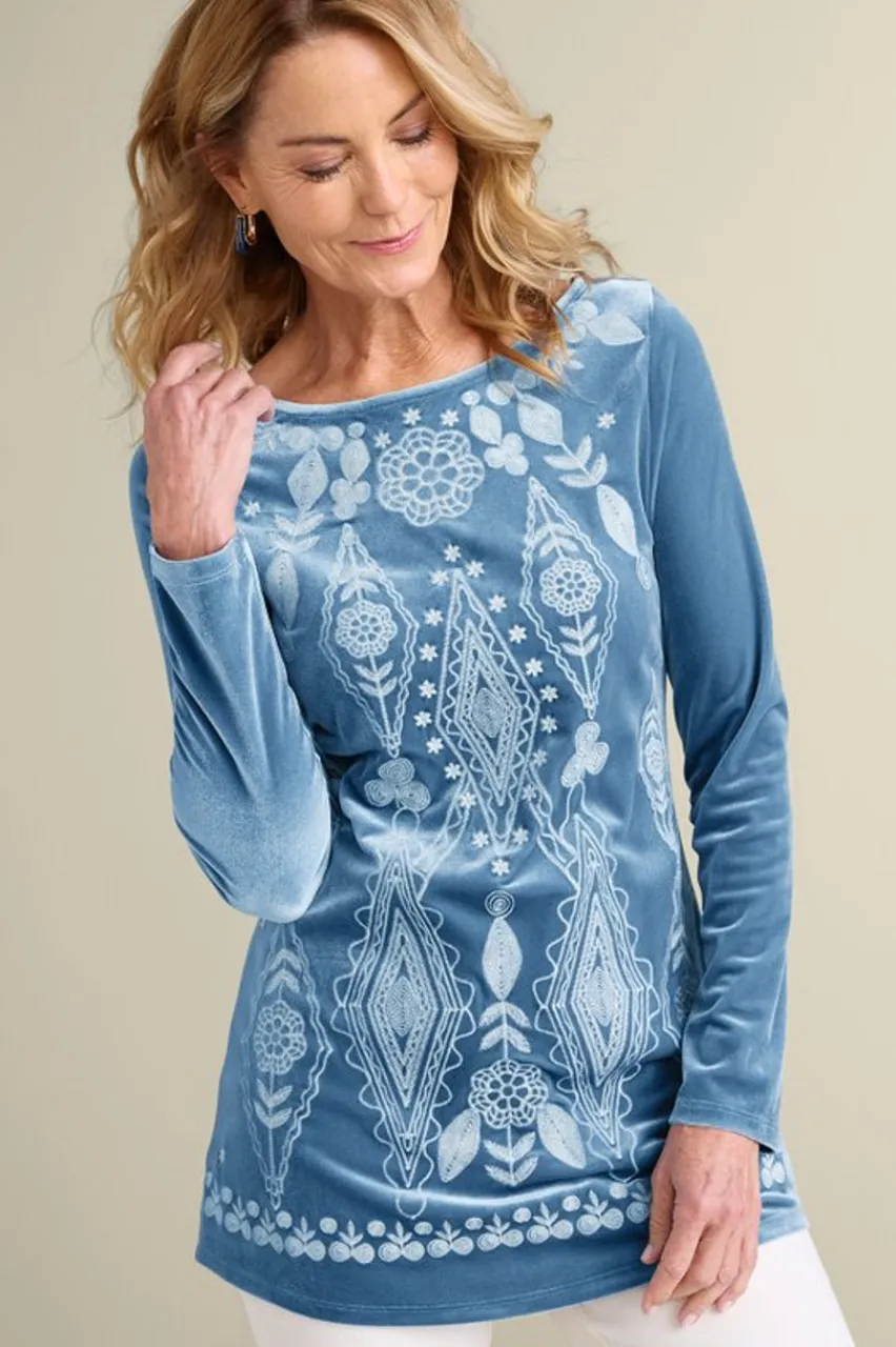 Cheap Nori Embroidered Velvet Tunic Tops