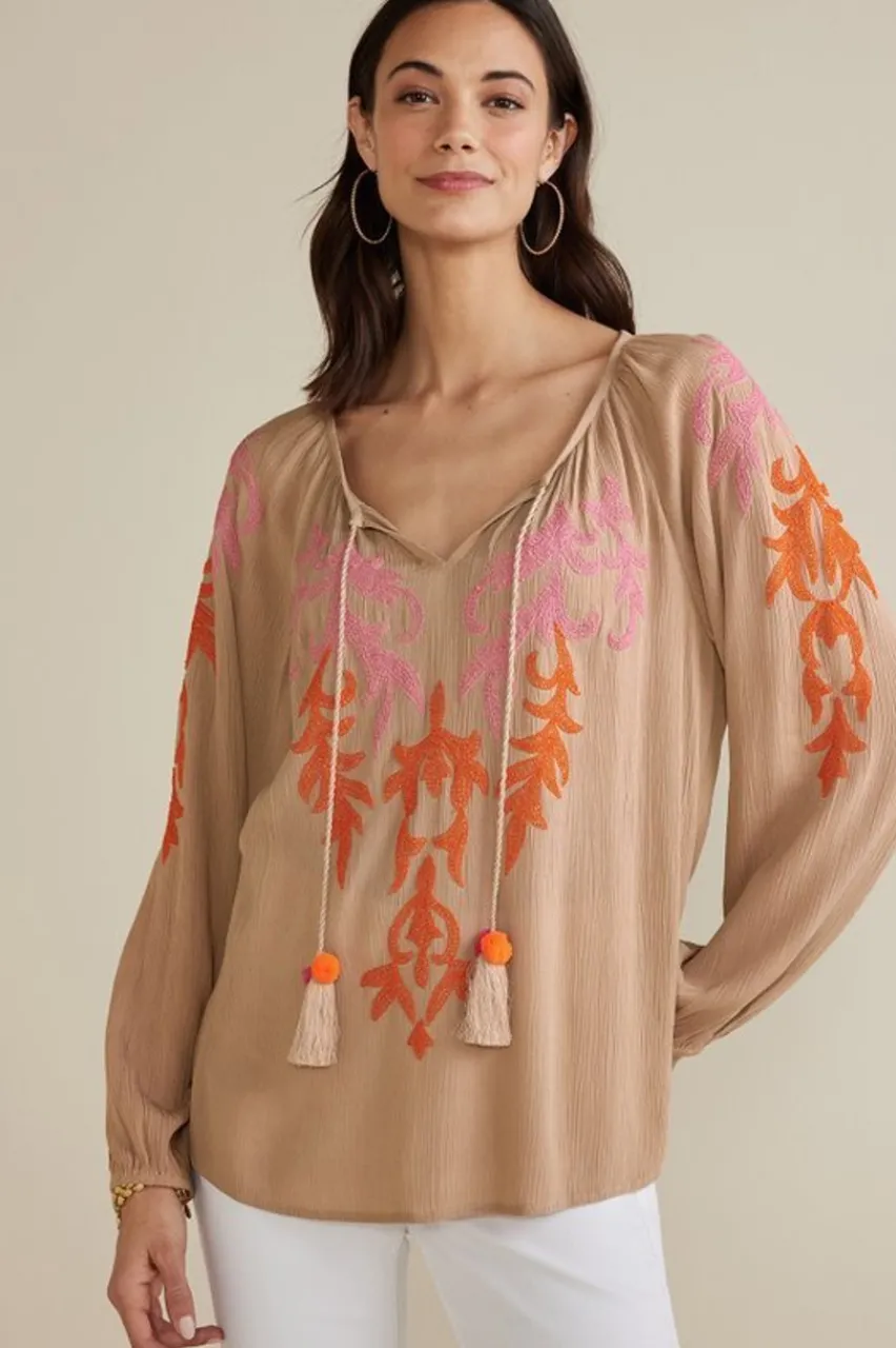 New Noura Embroidered Gauze Pullover Tops