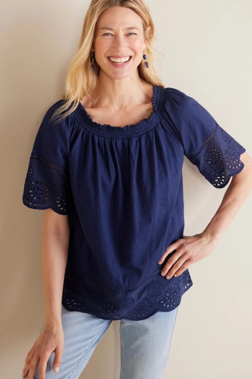 Store Rahma Eyelet Trimmed Tee Tops