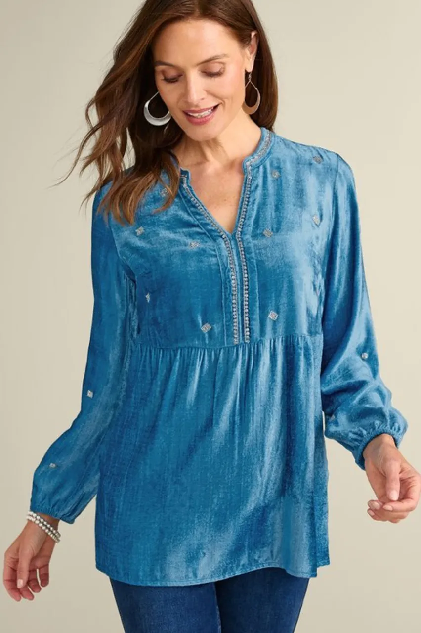 Clearance Verna Embellished Velvet Tunic Tops