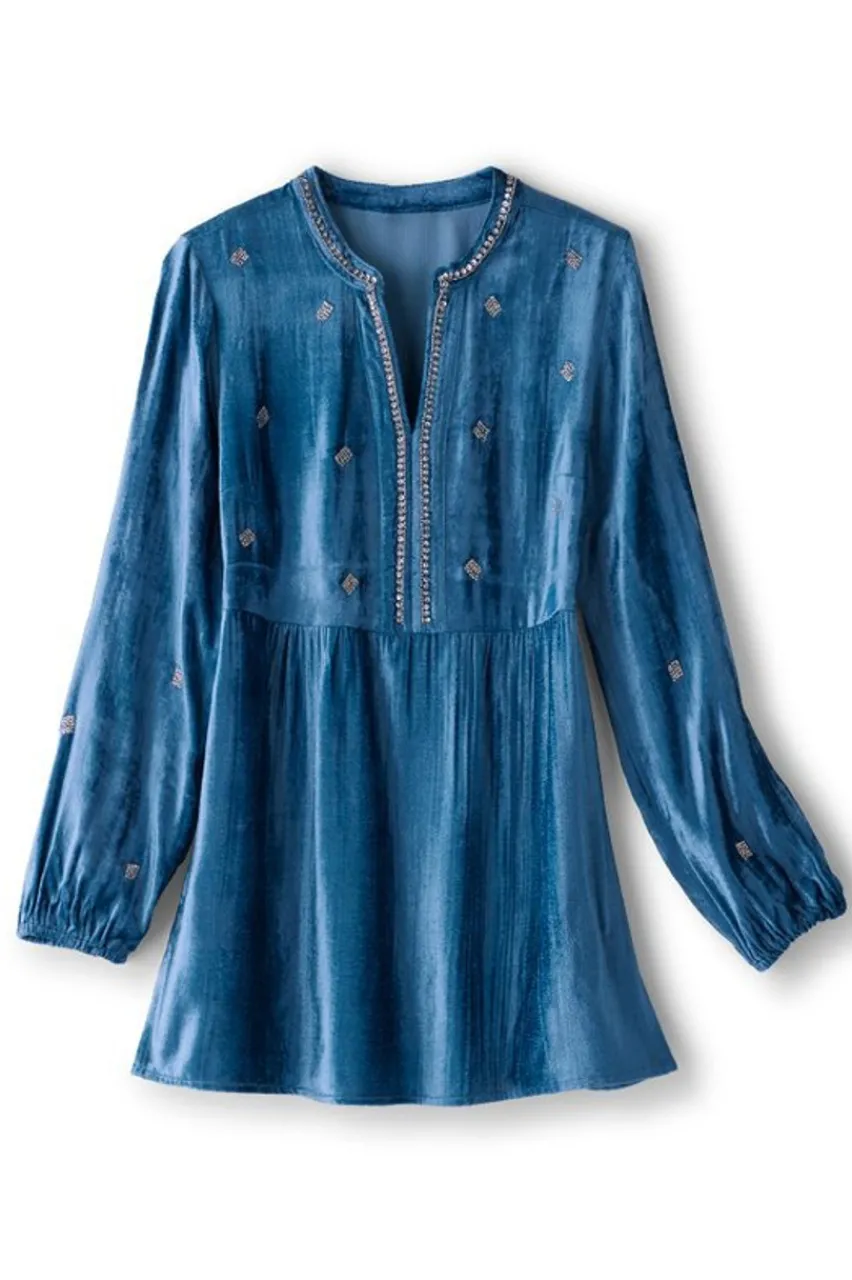 Clearance Verna Embellished Velvet Tunic Tops